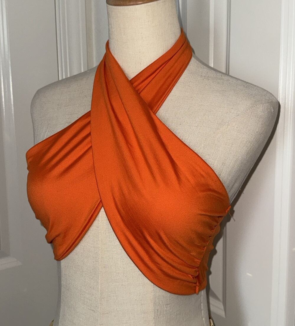 Almost Famous Women’s L Orange Convertible Wrap Halter Crop Top NWT Y2K